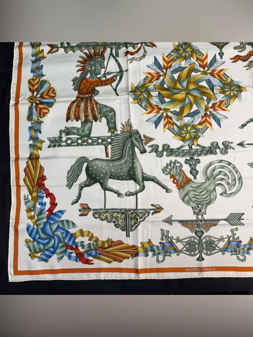 Hermes Silk Scarf Les Girouettes Wind Spinner Weather Vane Pinwheel Green White - Picture 5 of 12
